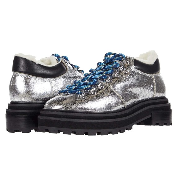 Schutz Lucille Faux Shearling-Lined Metallic Silver Leather Hiking Boots Sz 5 B